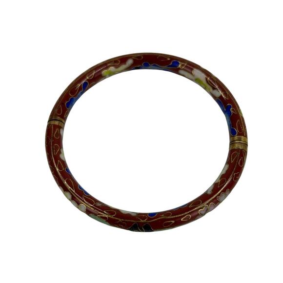 Hinged Bangle Bracelet Cloisonne Multicolor Flowers Brown Enamel Chinese Export - Picture 2 of 3